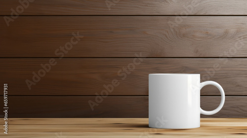 Blank white mug mockup on wooden table, Empty cup template. Generative AI