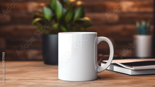 Blank white mug mockup on wooden table with plants background, Empty cup template. Generative AI