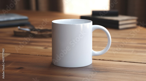 Blank white mug mockup on wooden table, Empty cup template. Generative AI