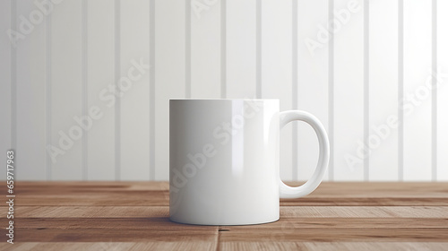 Blank white mug mockup on wooden table, Empty cup template. Generative AI