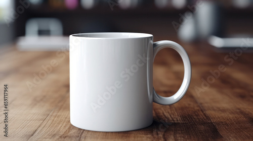 Blank white mug mockup on wooden table  Empty cup template. Generative AI