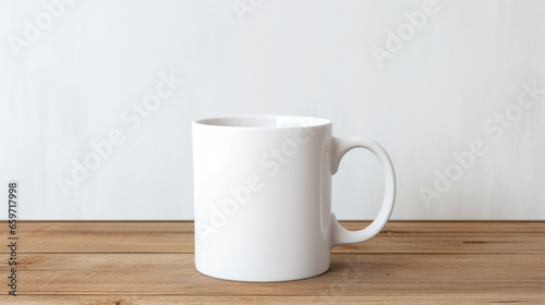 Blank white mug mockup on wooden table, Empty cup template. Generative AI