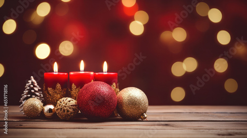 Romantic Red and Gold Christmas candles and ornament decorations background, Copy space, Festive celebration. Generative AI