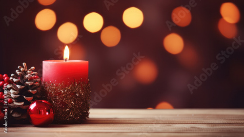 Romantic Red and Gold Christmas candle and ornament decorations background  Copy space  Festive celebration. Generative AI