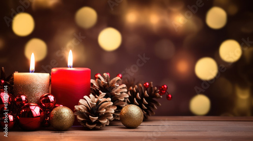 Romantic Red and Gold Christmas candles and ornament decorations background, Copy space, Festive celebration. Generative AI