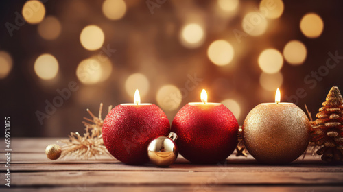 Romantic Red and Gold Christmas candles and ornament decorations background, Copy space, Festive celebration. Generative AI