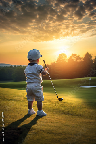 Boy golfer standing with back with golf clubs holding hands on green or golf course with sand dunes, trees, flag, sky at sunset. Future dream job for kid. Learning and exercise.