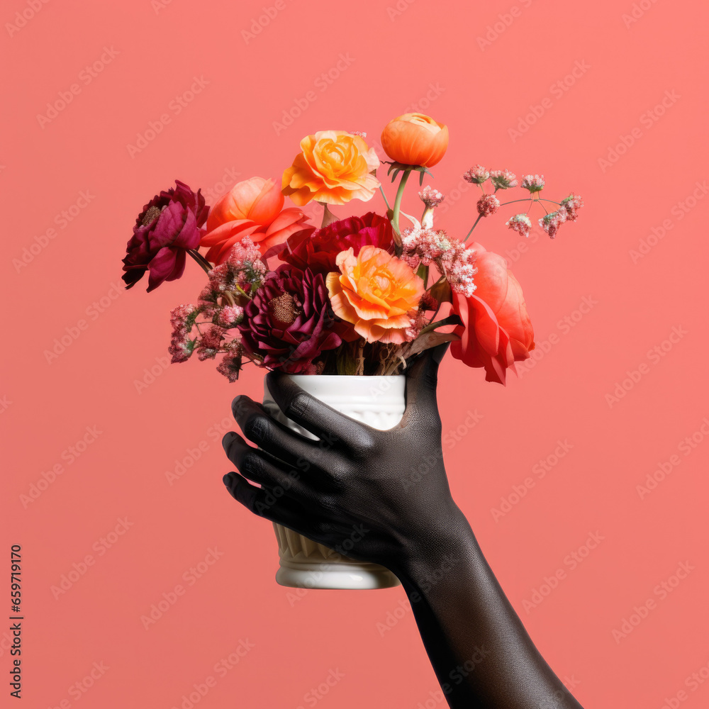 Collage of a black African American hand holding a vase of bespoke flowers - vintage collage surrealism - creativity