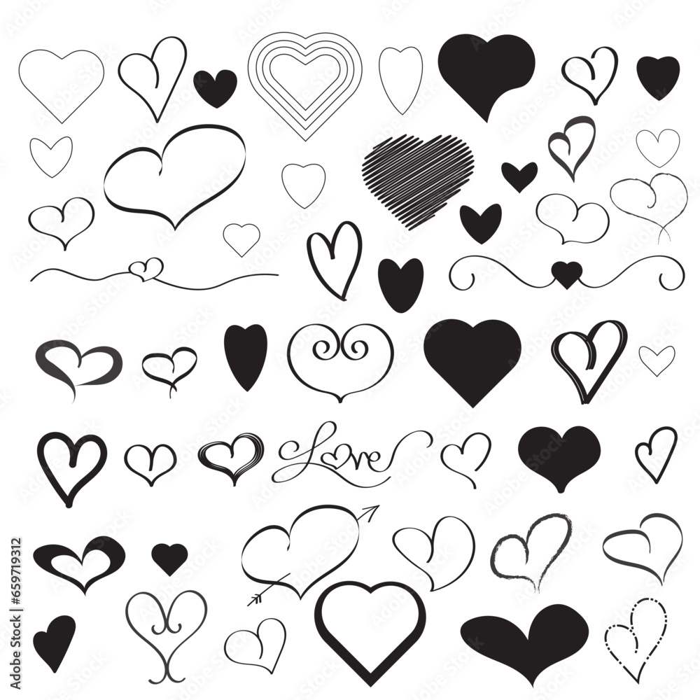 Collection of 50 hand drawn doodle hearts Stock Vector | Adobe Stock