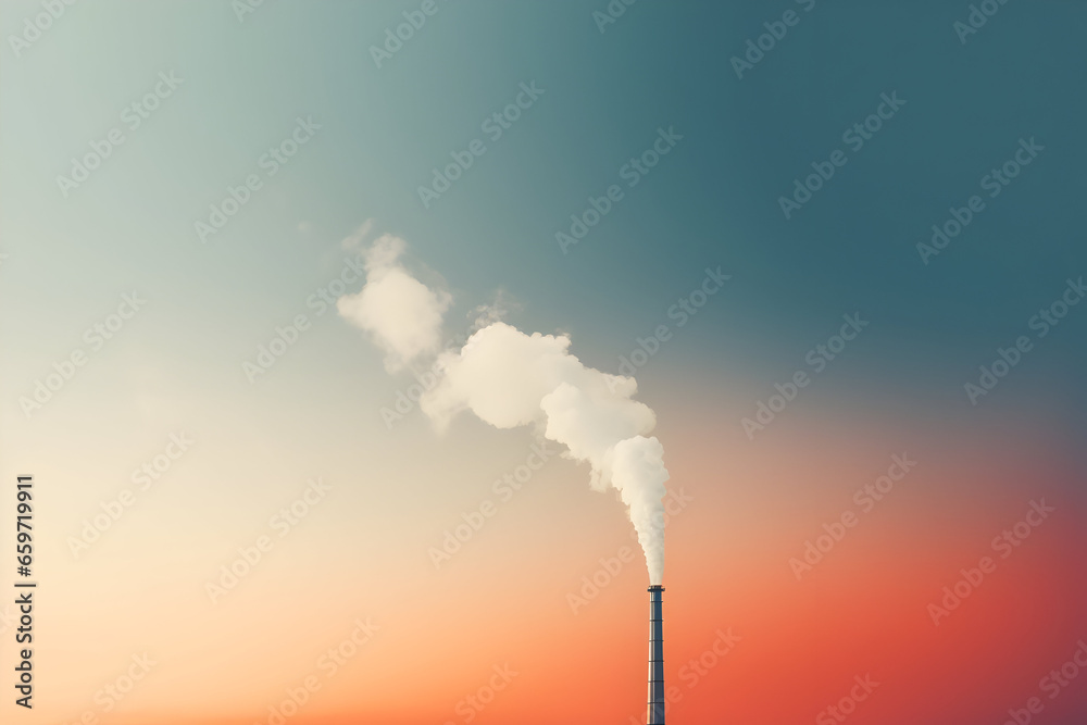 Smoke from chimney, A single factory smokestack releasing a puff of smoke, industrial pollution smog cause of health issues