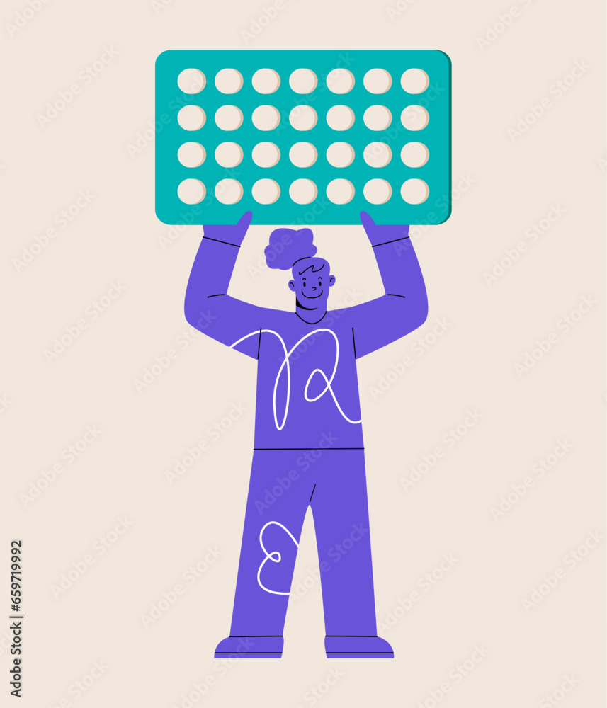 Woman holding pack of hormonal contraceptives. Birth control pills. The concept of mental and reproductive health of a woman. Colorful vector illustration Woman holding pack of hormonal contraceptives. Birth control pills. The concept of mental and reproductive health of a woman. Colorful vector illustration