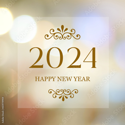 Happy New Year 2024 on blur abstract bokeh background, new year greeting card, banner