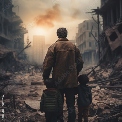Close-up view at back side of father and child holding hand and blur background of collapse city is destroyed by war.