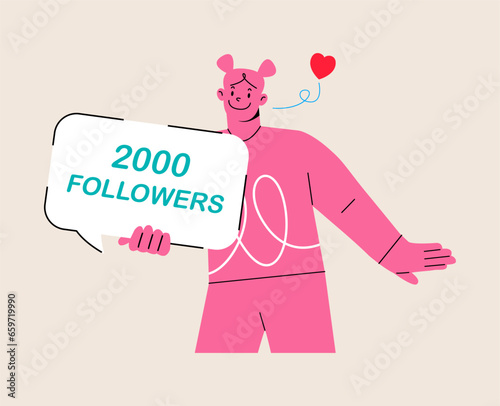 Smiling woman celebrate large number of followers on social media. successful strategies. Colorful vector illustration