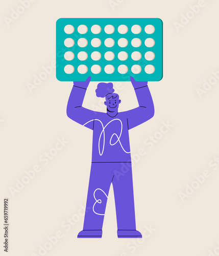 Woman holding pack of hormonal contraceptives. Birth control pills. The concept of mental and reproductive health of a woman. Colorful vector illustration