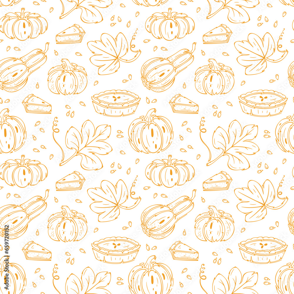 Thanksgiving Day Repeating Vector Background. Autumn Harvest Symbols Seamless Pattern. Outline Pumpkin Pie, Leaves and Different Varieties of Pumpkins. Healthy Food. Bakery, Vegetables illustration. Thanksgiving Day Repeating Vector Background. Autumn Harvest Symbols Seamless Pattern. Outline Pumpkin Pie, Leaves and Different Varieties of Pumpkins. Healthy Food. Bakery, Vegetables illustration.
