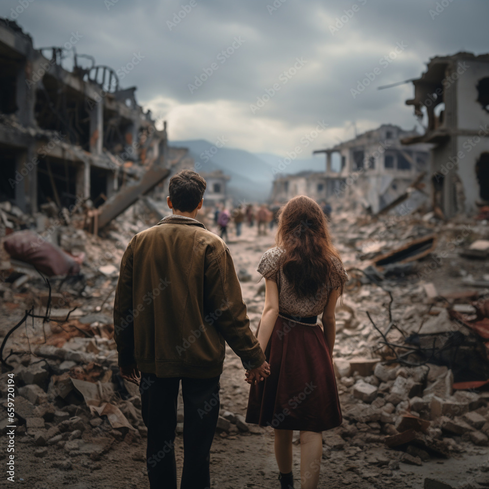 Selective focus and close up view at back side of couple holding hand and blur background of collapse city is destroyed be war. Selective focus and close up view at back side of couple holding hand and blur background of collapse city is destroyed be war.