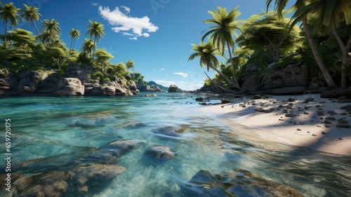 Coastal Paradise, Tropical island with white sand and crystal blue sea water © Pinky Beauty Art