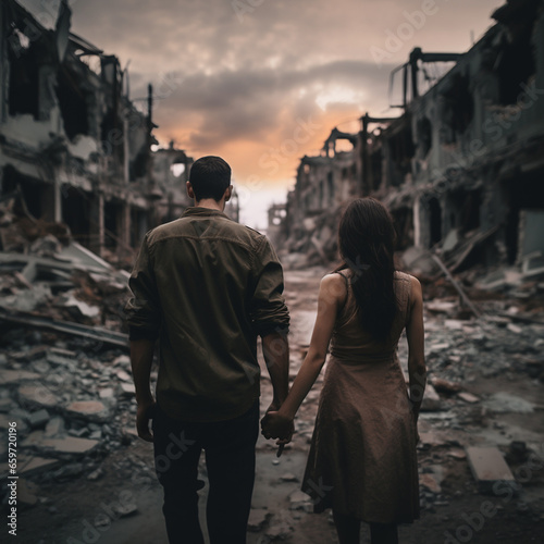 Selective focus and close up view at back side of couple holding hand and blur background of collapse city is destroyed be war.
