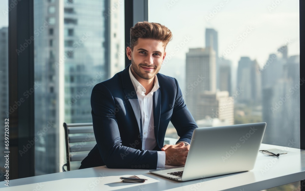 Successful startup CEO sitting at his desk with a laptop Successful startup CEO sitting at his desk with a laptop