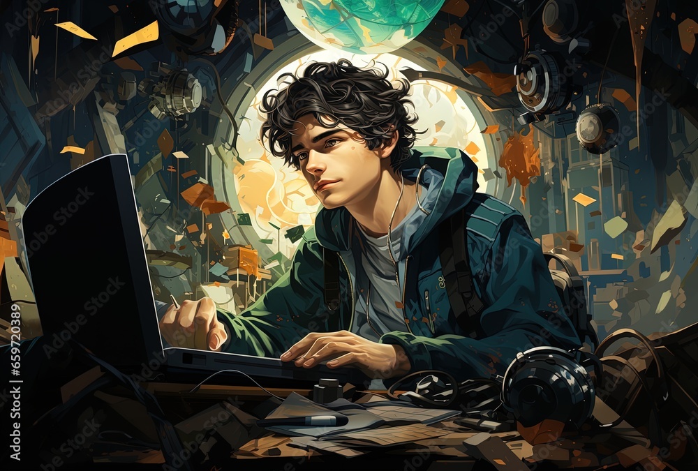 Young man working with his laptop at night.