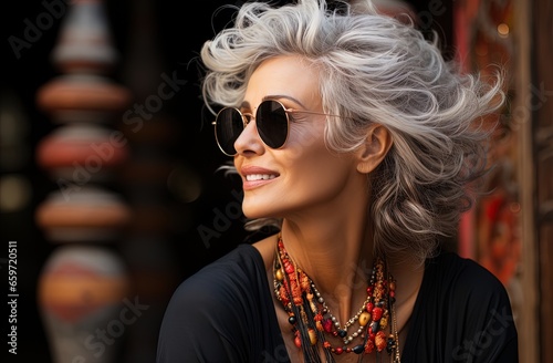A Modern middle-aged woman with her gray hair down, fashionable sunglasses and smiling © HC FOTOSTUDIO