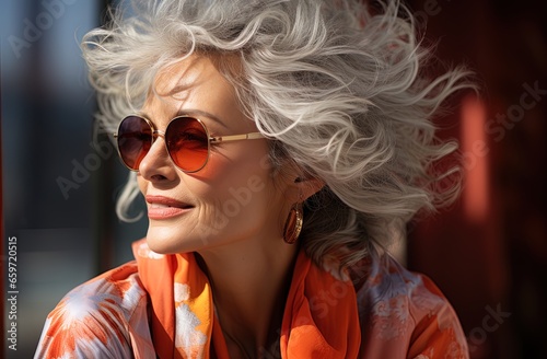 A Modern middle-aged woman with her gray hair down, fashionable sunglasses and smiling