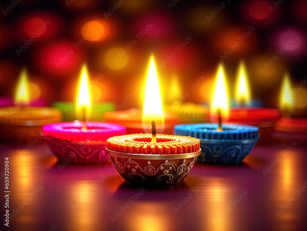 Wax or oil lamps lit for Diwali celebrations Wax or oil lamps lit for Diwali celebrations