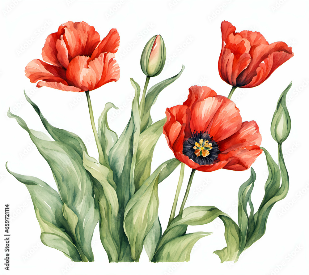 Red tulip flower on paper, drawing watercolor painting Red tulip flower on paper, drawing watercolor painting