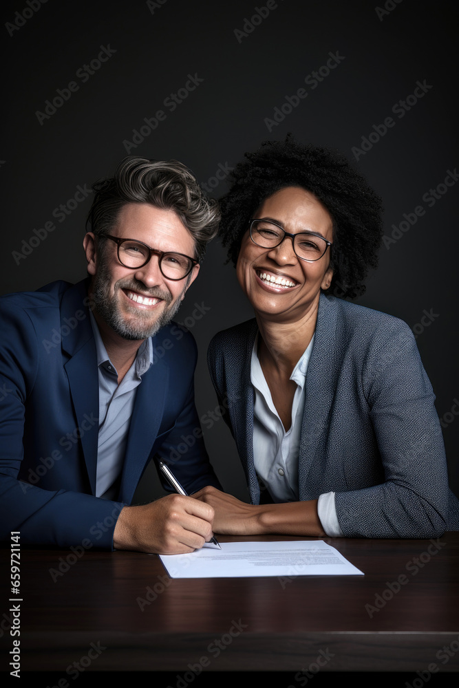 Mixed skin clients smiling signing a mortgage deal Mixed skin clients smiling signing a mortgage deal