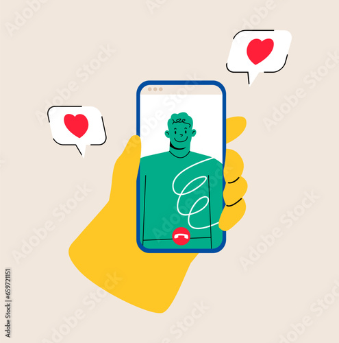 Video call concept. Hand holding smartphone with man friend on screen. Colorful vector illustration