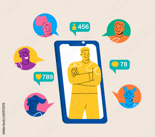 A friend concept. Phone with a list of friends contacts. Use for referral marketing strategy banner. Colorful vector illustration
