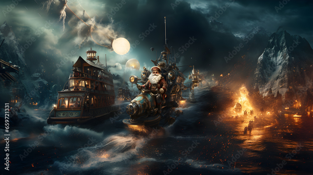 Santa Claus steampunk style, video game aesthetic, advertising image with a fantasy background of Santa Claus flying on a steam sleigh, steampunk style with mechanical reindeer - obrazy, fototapety, plakaty 