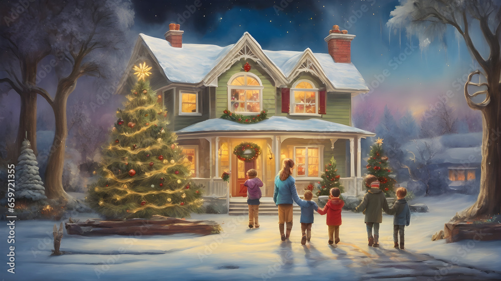 oil artistic art of a family and children on Christmas tree, magic house with beautiful garden background. concept of Christmas day. 