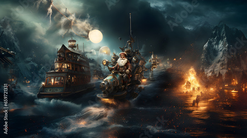 Santa Claus steampunk style, video game aesthetic, advertising image with a fantasy background of Santa Claus flying on a steam sleigh, steampunk style with mechanical reindeer