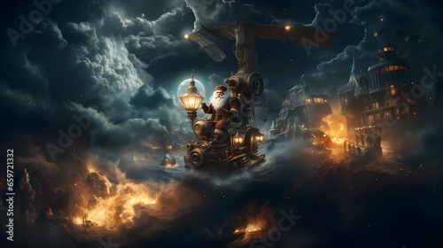 Santa Claus steampunk style, video game aesthetic, advertising image with a fantasy background of Santa Claus flying on a steam sleigh, steampunk style with mechanical reindeer © Thaluan