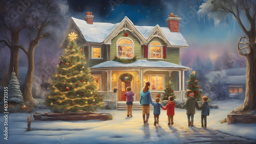 oil artistic art of a family and children on Christmas tree, magic house with beautiful garden background. concept of Christmas day.  © Vishani 