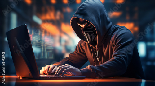 cybersecurity vulnerability and hacker, coding, malware concept. Hooded computer hacker in cybersecurity vulnerability on server room background. photo