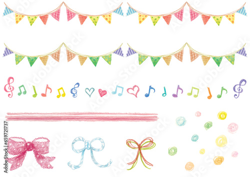 色鉛筆で描いたカラフルなガーランドや音符やリボンなどのかわいい素材セット