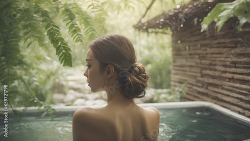 woman enjoying a spa pool in the forest - Generative AI © akarawit