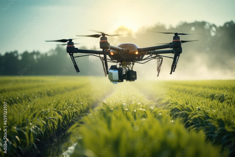 Smart farm drone flying spray over green field, Modern technologies in agriculture.