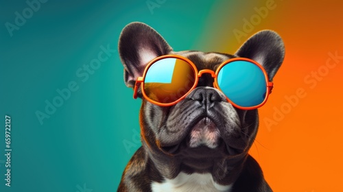 A dog in sunglasses on a monochromatic background with multi-colored lighting. Joke and relaxation. © Restyler