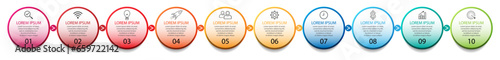infographic template design, minimalist concept, interconnected circles with 10 steps, lines and colors in each step, good for your business presentation