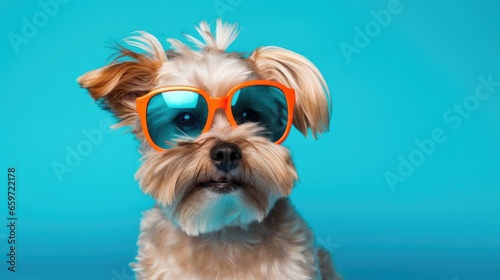A dog in sunglasses on a monochromatic background with multi-colored lighting. Joke and relaxation.