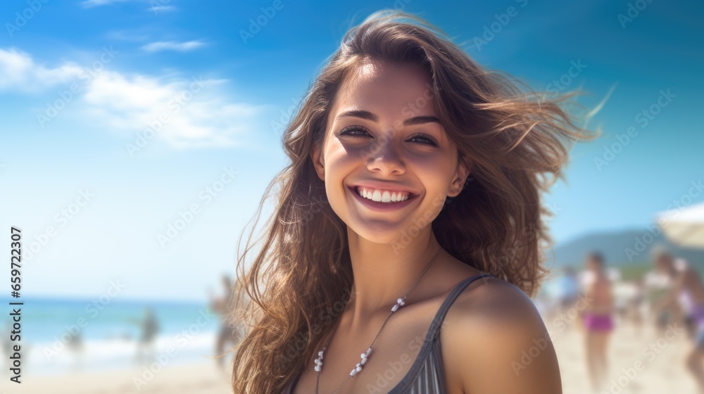 Beautiful happy woman relaxing on the beach. Vacation time by the sea. Beautiful happy woman relaxing on the beach. Vacation time by the sea.