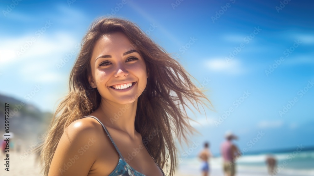 Beautiful happy woman relaxing on the beach. Vacation time by the sea.