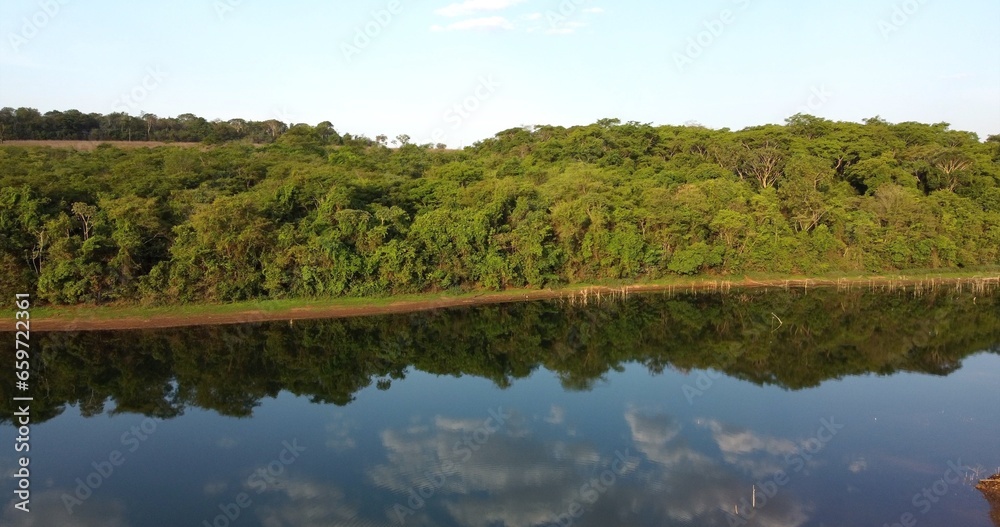 Aereal view of riverbank with dense forrest on the Brazilian Cerrado