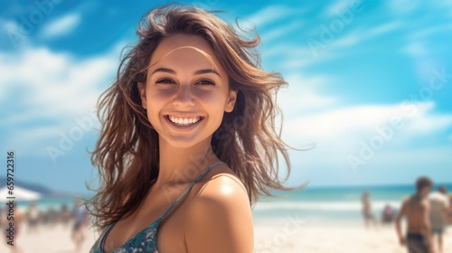 Beautiful happy woman relaxing on the beach. Vacation time by the sea.