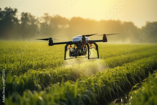 Smart farm drone flying spray over green field, Modern technologies in agriculture.