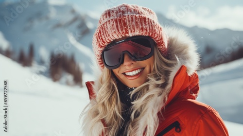 Beautiful woman at a ski resort in winter clothes. Active lifestyle, vacation and recreation. © Restyler